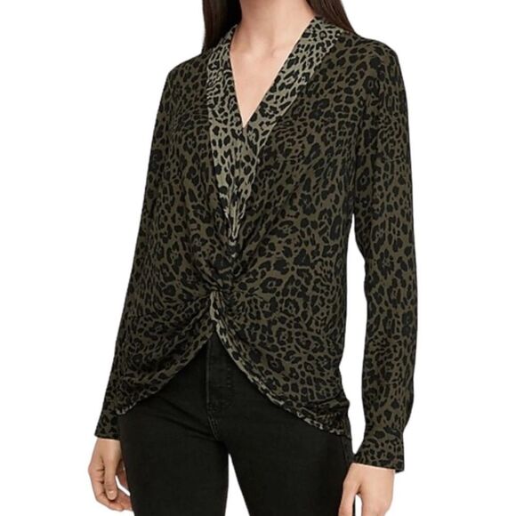 Express Tops - Express Olive Animal Print Twist Blouse V-Neck Long Sleeve XL Sheer Fabric